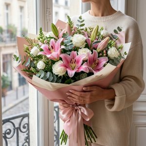 Pembe Lilyum ve İthal Beyaz Gül Buketi - Görsel 2