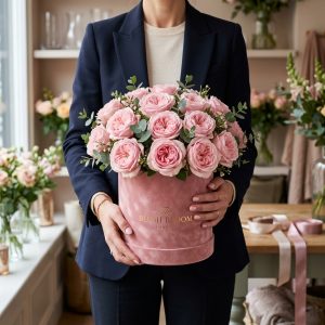 Yuvarlak Pembe Kadife Kutuda Pastel Pembe Güller - Görsel 2