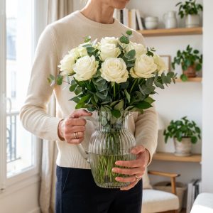 25 White Roses in Striped Glass Pitcher Vase - Görsel 2