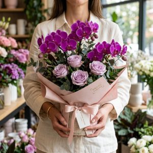 Pembe Buketli Saksıda Mor Orkide ve Lila Güller - Görsel 2
