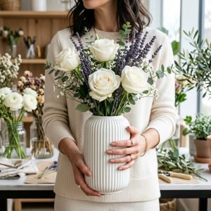 Beyaz Çizgili Seramik Vazoda 4 Beyaz Gül ve Kuru Lavanta - Görsel 2
