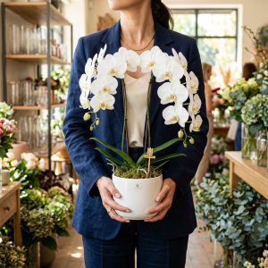Beyaz Seramik Saksıda Çift Dal Beyaz Phalaenopsis Orkide - Görsel 2