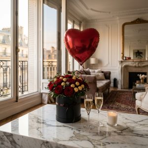 Uçan Kalp Balonlu Gül ve Ferrero Çikolata Hediye Kutusu - Görsel 3